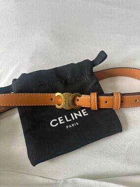 Celine Tan Leather Triomphe Logo Belt with Gold Hardware